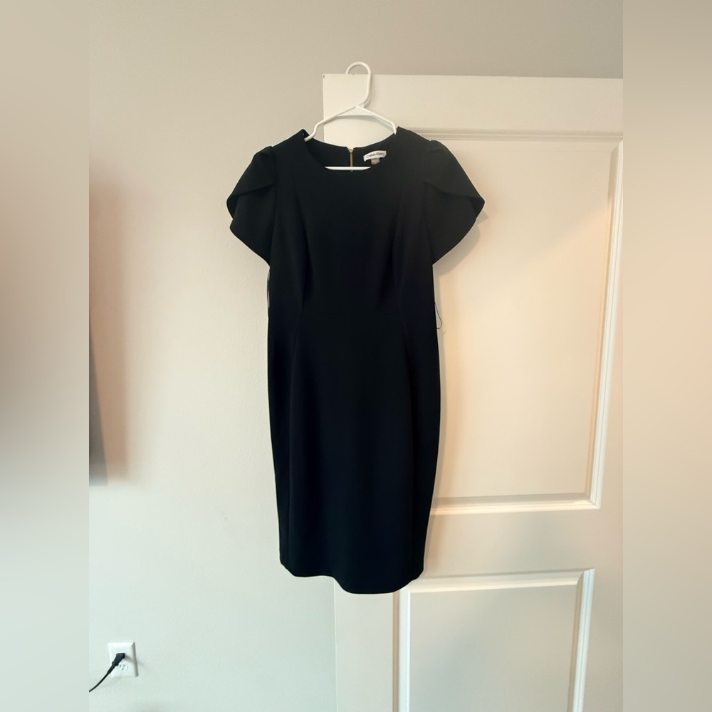 Calvin Klein Black Midi Sheath Dress with Statement Cap Sleeves - Picture 5 of 8